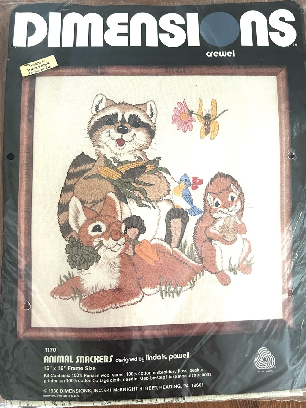 Dimensions Crewel Embroidery Kit Animal Snackers 16 x 16 Raccoon Rabbit Squirrel
